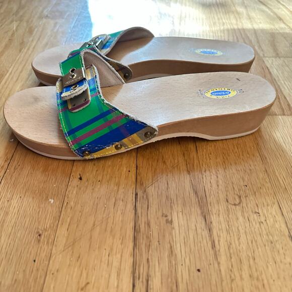 Dr. Scholls Original 10 Exercise Sandals Clogs Vintage Plaid Wooden Sole Italy - Picture 13 of 14